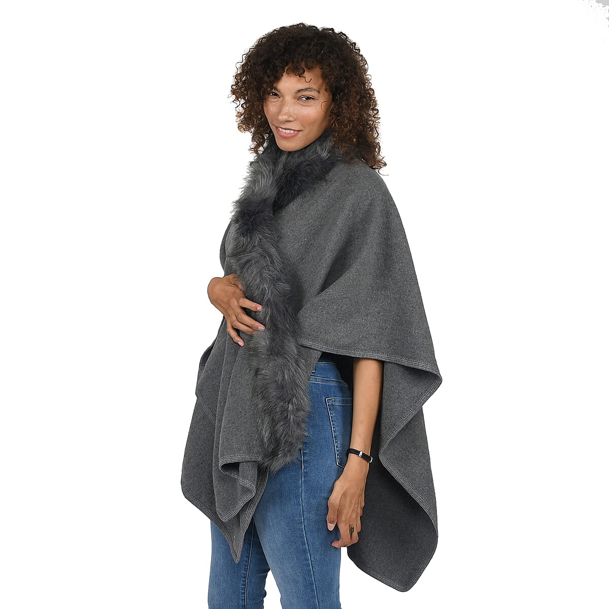 NYC CLOSEOUT Designer Inspired Gray Faux Mink Ruana image number 2