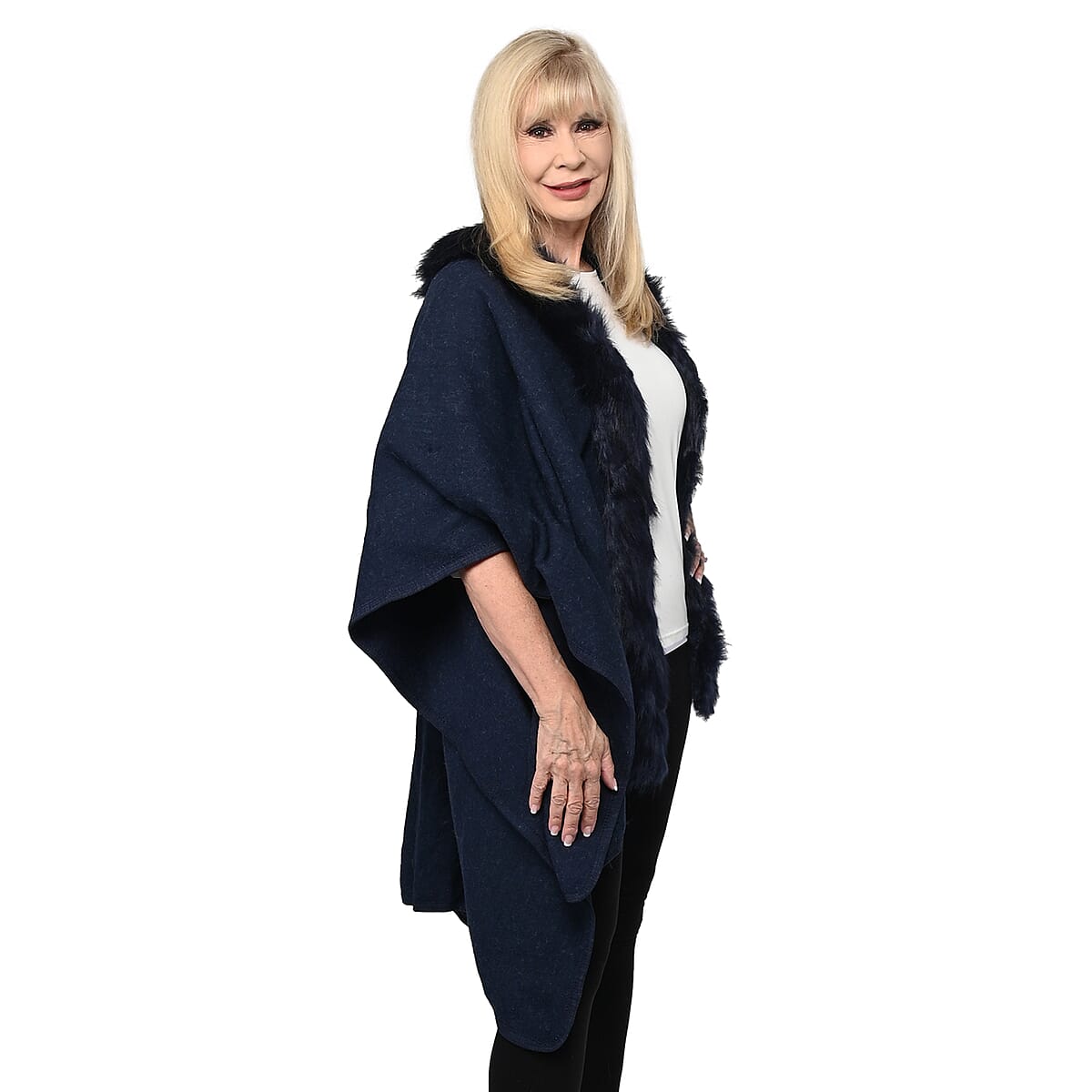 NYC Closeout Designer Inspired Navy Faux Mink Ruana | Women Ruana | Ruana Shawl | Lightweight Ruana | Women Shawl | Shawls and Wraps image number 2