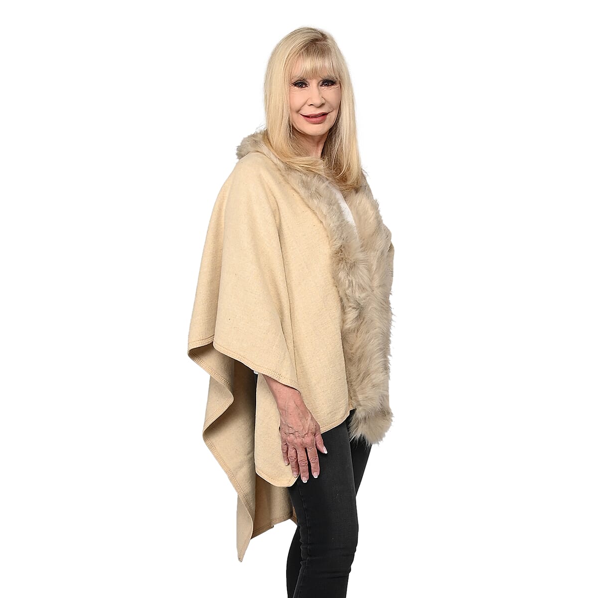 NYC Closeout Designer Inspired Beige Faux Mink Ruana , Women Ruana , Ruana Shawl , Lightweight Ruana , Women Shawl , Shawls and Wraps image number 2