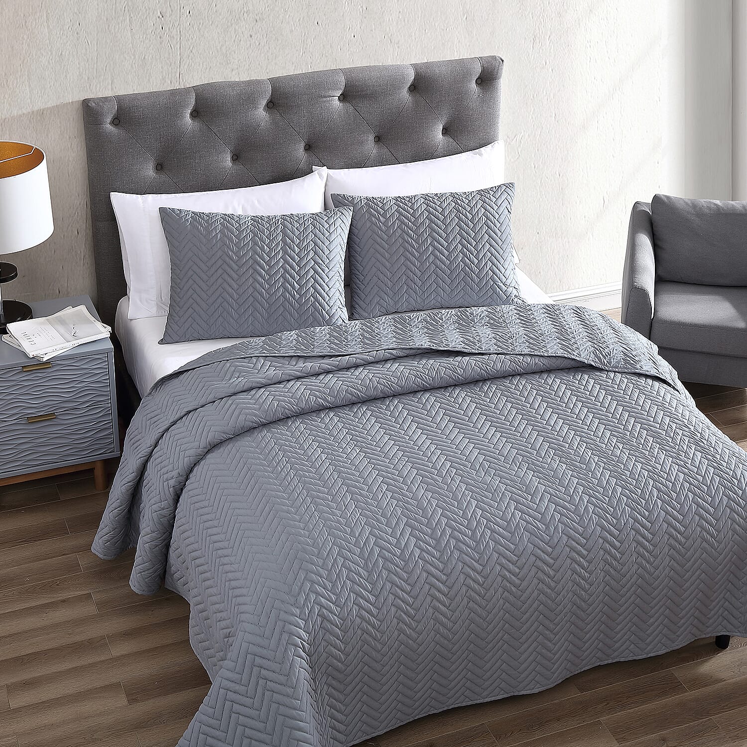 The Nesting Company- Birch 3 Piece Quilt Set - Gray (King) | Bed Comforter Set | Bedding Set