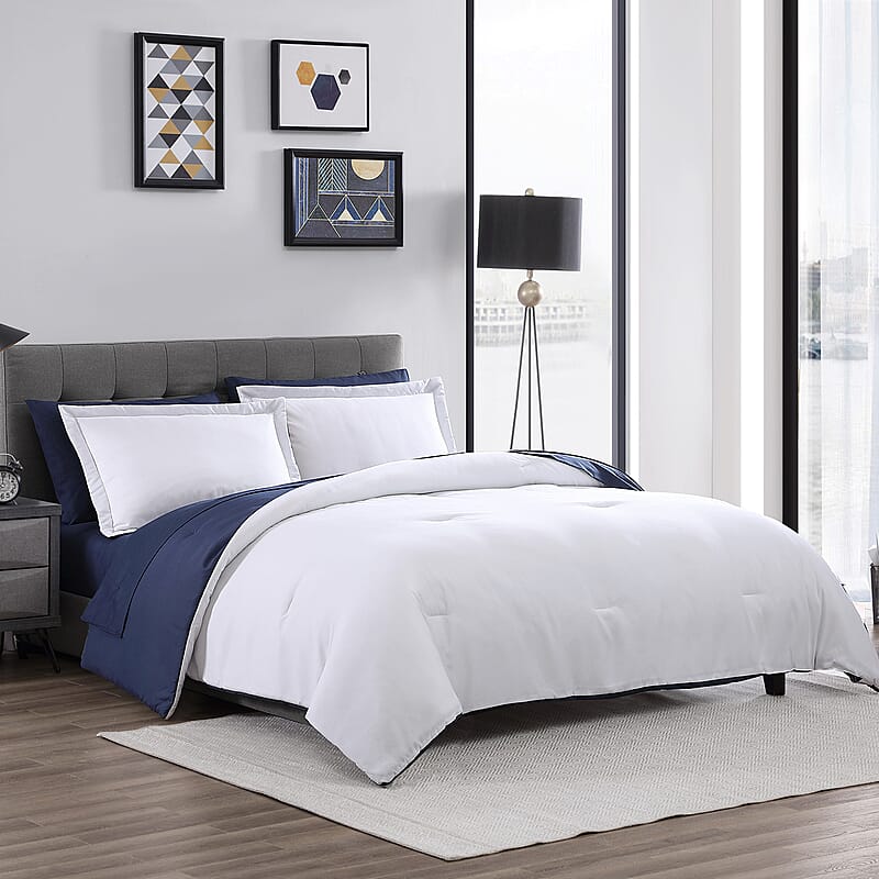 The Nesting Company - Chestnut Reversible 7 Piece Bed in a bag Comforter Set - White & Navy (Queen) , Bed Comforters , Polyester Comforter , Bedding Sets , Quilt Set