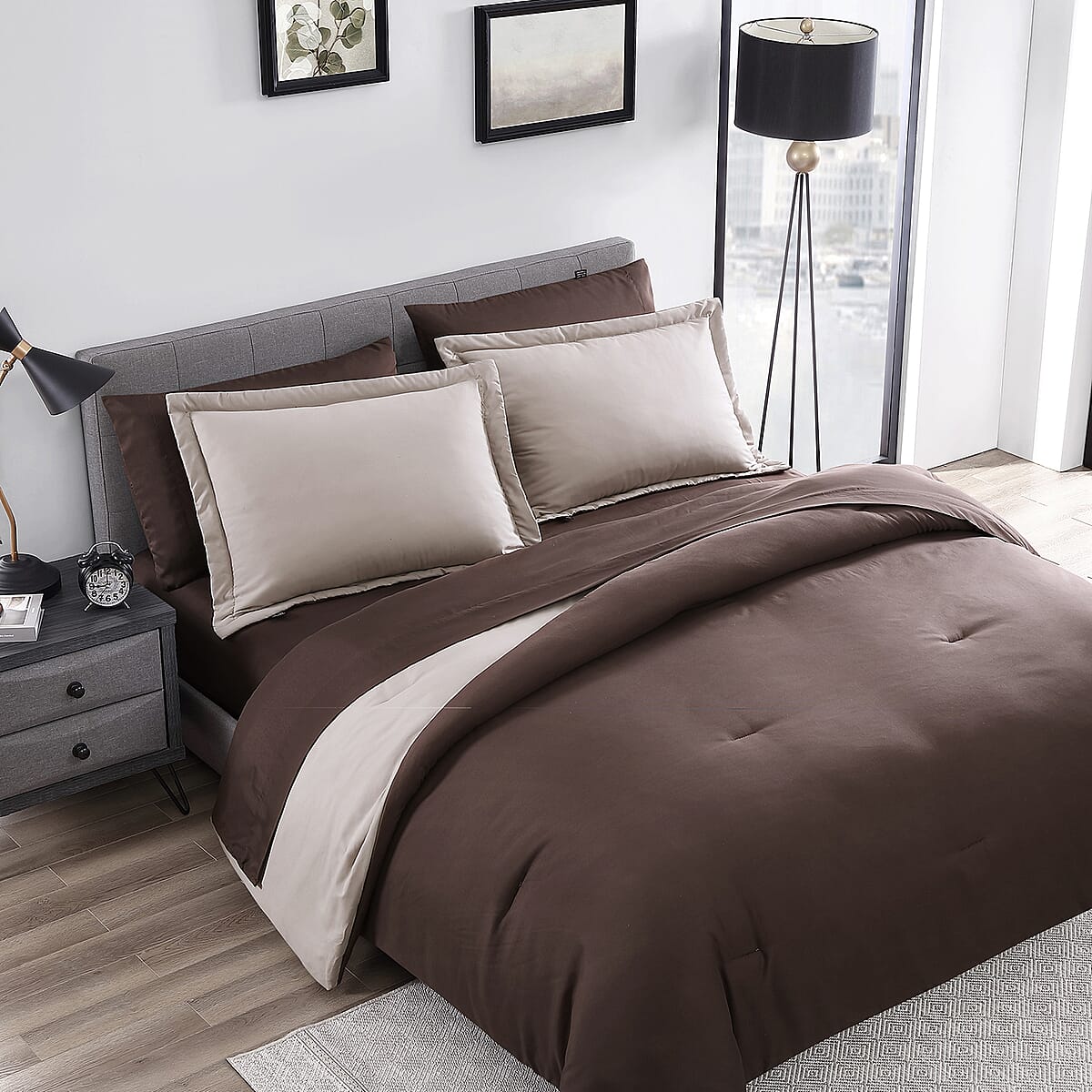 The Nesting Company - Chestnut Reversible 7 Piece Bed in a bag Comforter Set - Khaki & Brown (Queen) , Bed Comforters , Polyester Comforter , Bedding Sets , Quilt Set image number 2