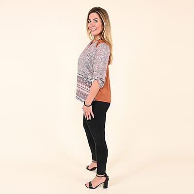 Tamsy Orange Tapestry Printed Zip Neckline 3/4 Sleeve Blouse - S