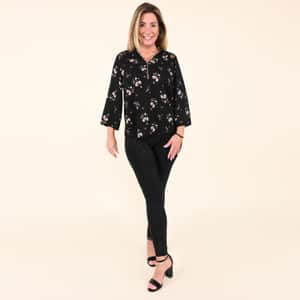 Tamsy Black Floral Printed Zip Neckline 3/4 Sleeve Blouse - S