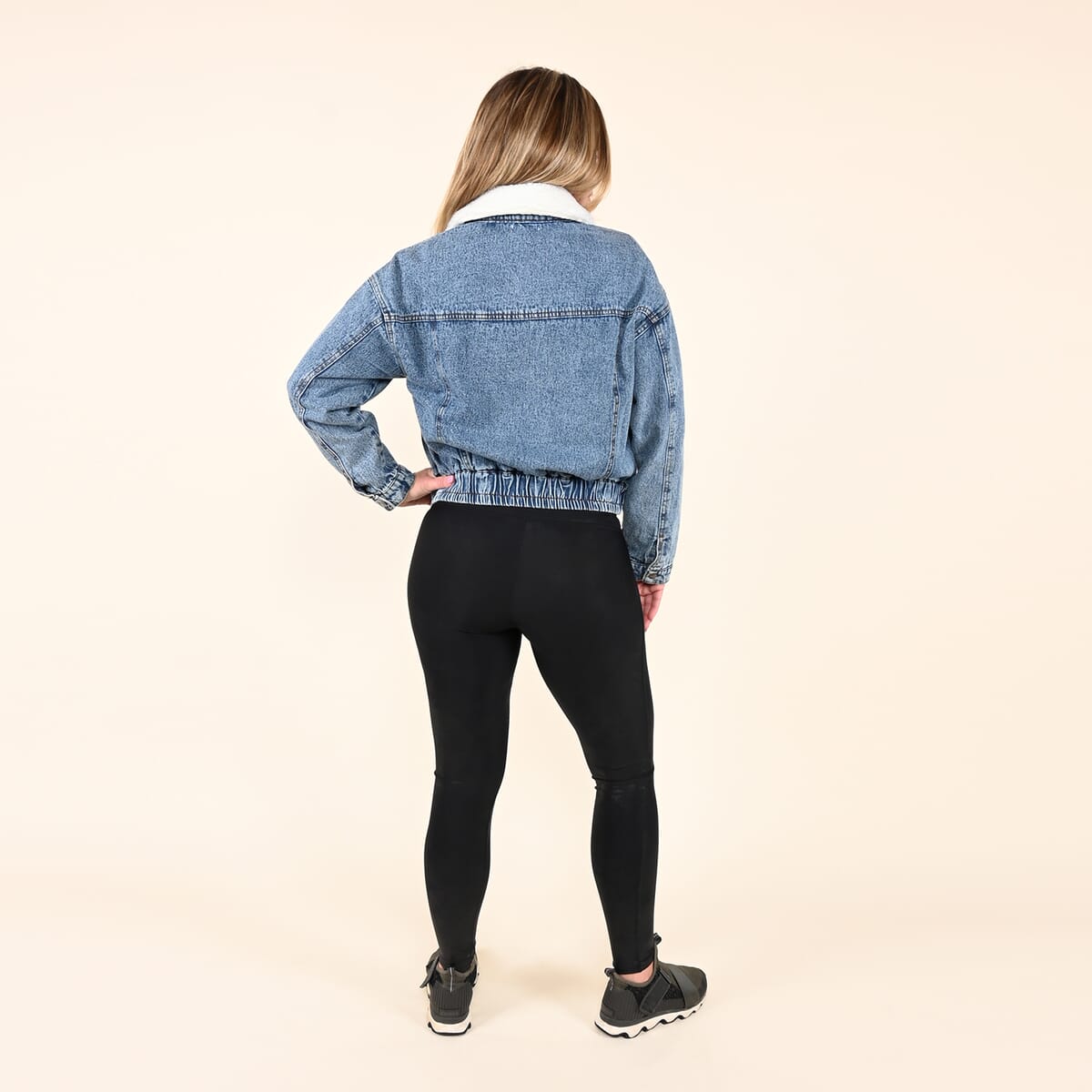 Tamsy Denim Cropped Jacket with Sherpa Collar - XL image number 1