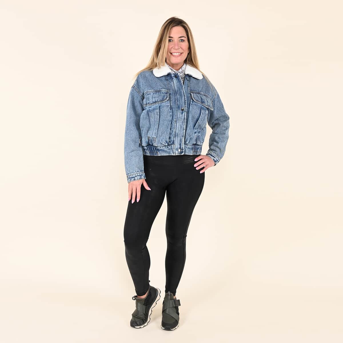 TAMSY Denim Cropped Jacket with Sherpa Collar - S image number 0