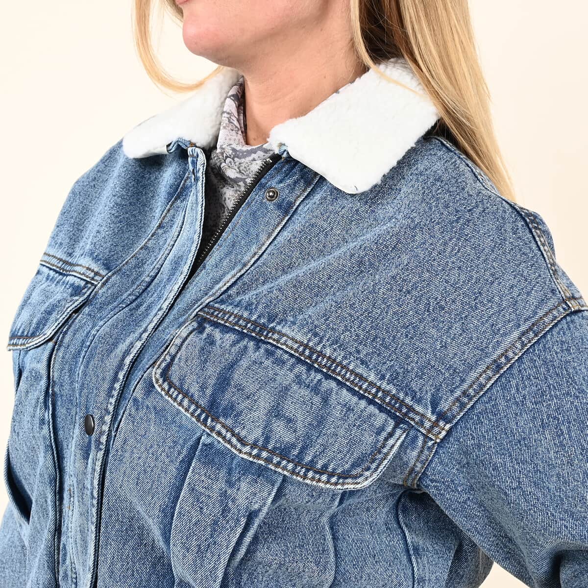 TAMSY Denim Cropped Jacket with Sherpa Collar - S image number 3