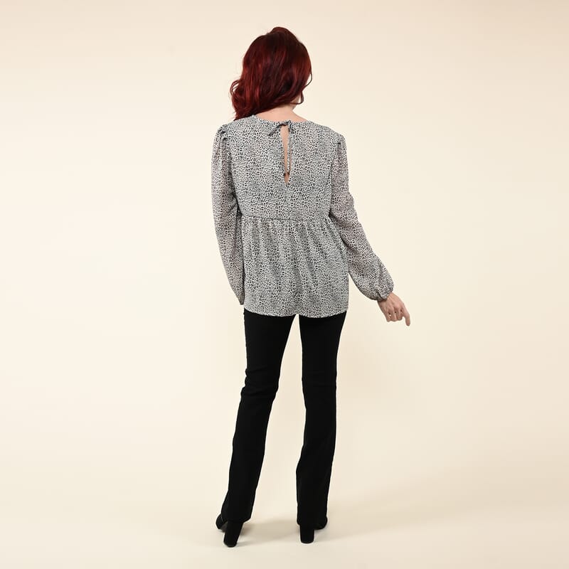 Tamsy White with Black Leopard Empire Waist Peplum Blouse - S