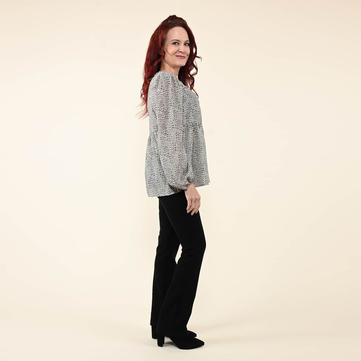 TAMSY White with Black Leopard Empire Waist Peplum Blouse - S image number 2