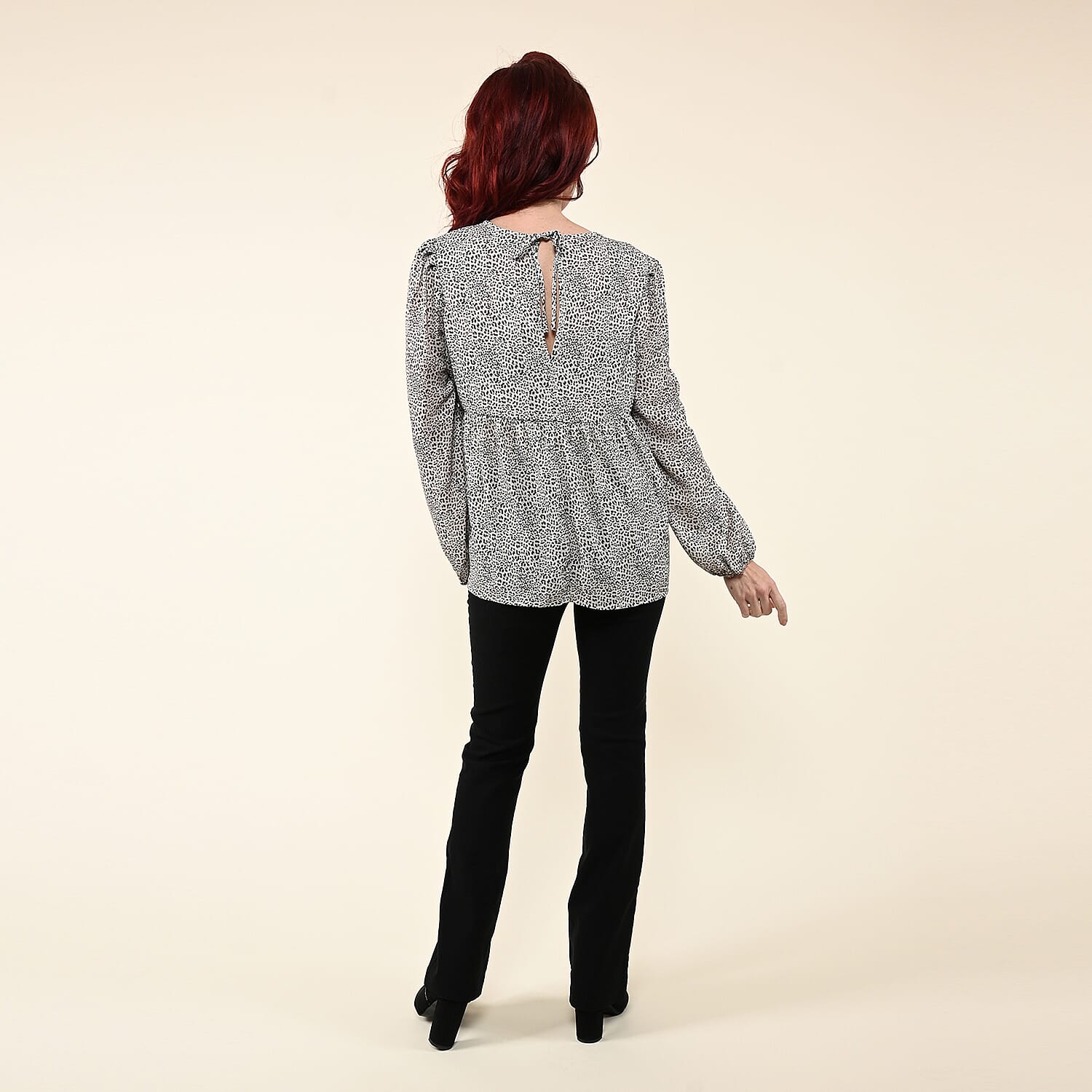 Tamsy White with Black Leopard Empire Waist Peplum Blouse - XL