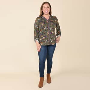 TAMSY Olive Floral V-Kneck Button-up Blouse - S