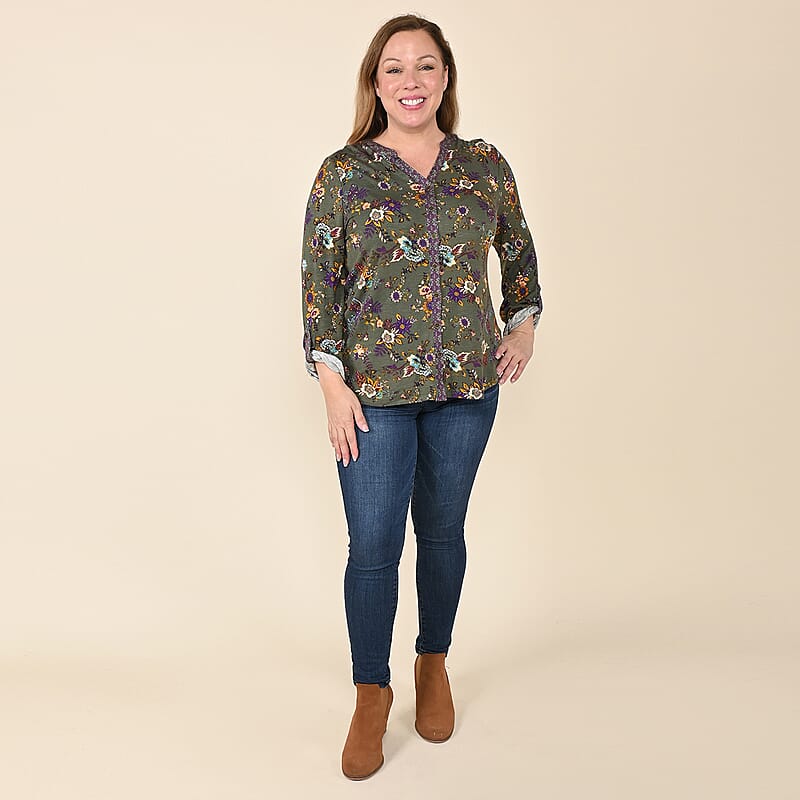 Tamsy Olive Floral V-Kneck Button-up Blouse - S