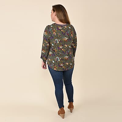 Tamsy Olive Floral V-Kneck Button-up Blouse - S