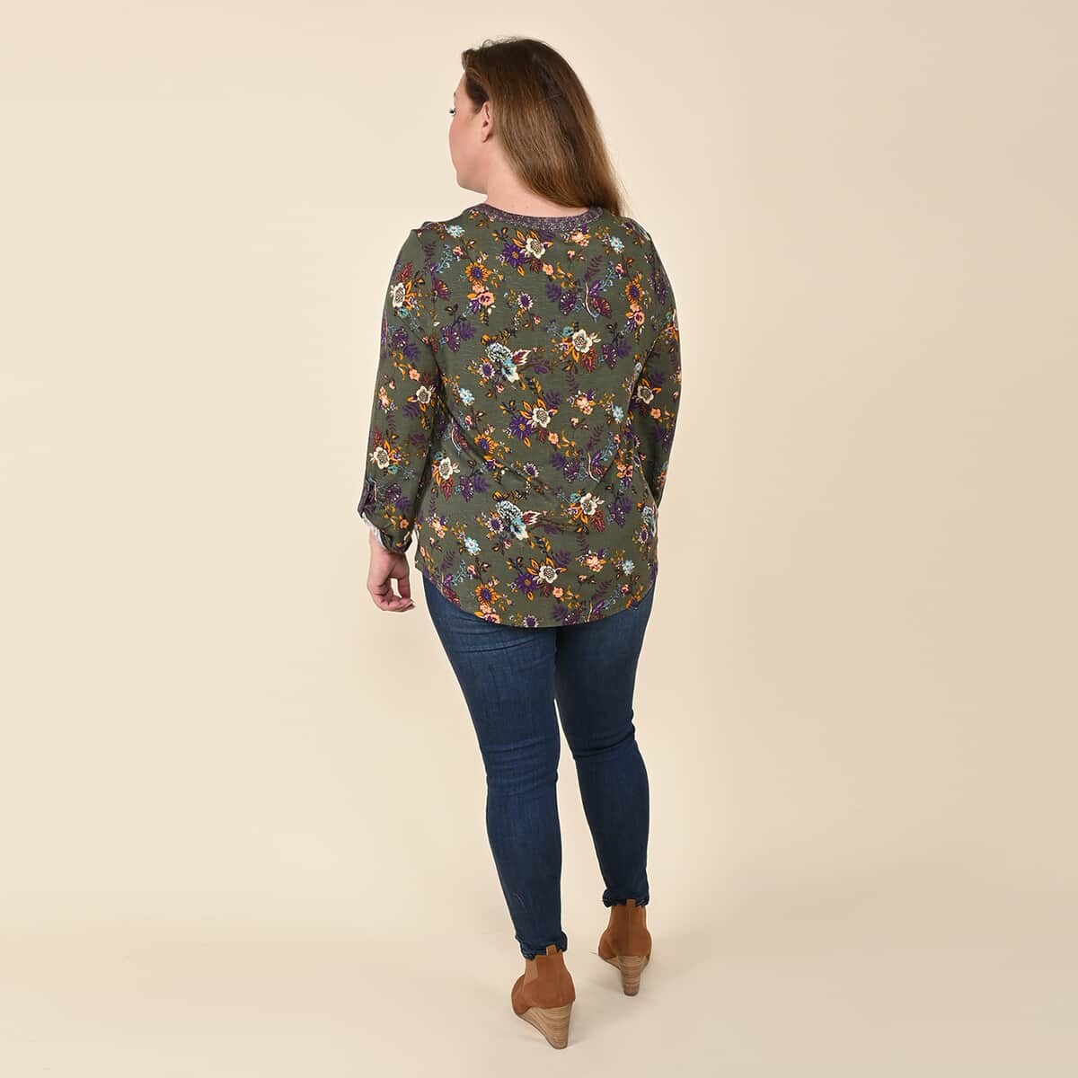 TAMSY Olive Floral V-Kneck Button-up Blouse - S image number 1