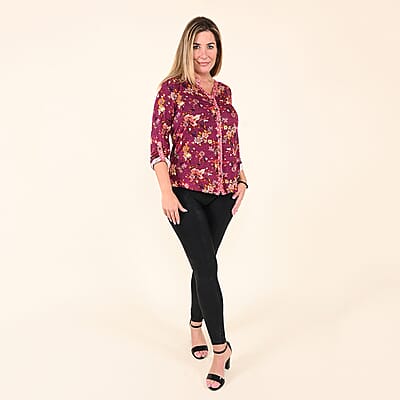 Tamsy Fuchsia Floral Printed V neck Button-up Blouse For Women - S
