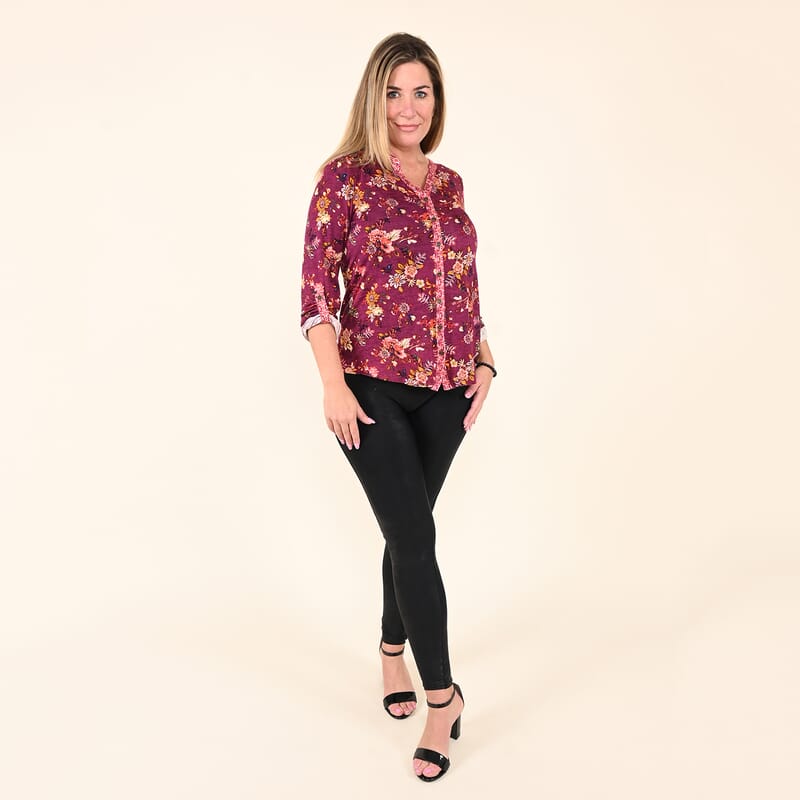 Tamsy Fuchsia Floral Printed V neck Button-up Blouse For Women - S