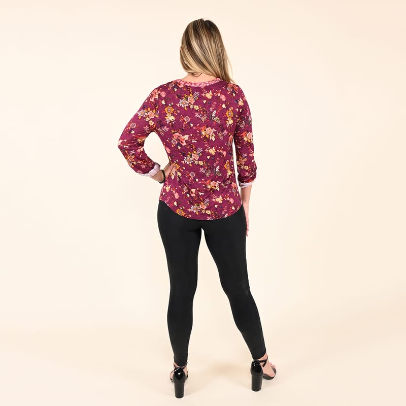 Tamsy Fuchsia Floral Printed V neck Button-up Blouse For Women - S