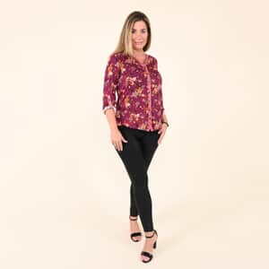 Tamsy Fuchsia Floral Printed V neck Button-up Blouse For Women - M