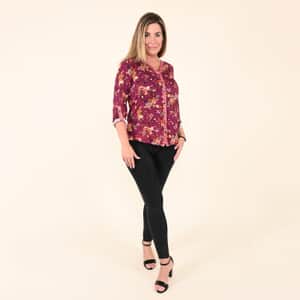 Tamsy Fuchsia Floral Printed V neck Button-up Blouse For Women - L