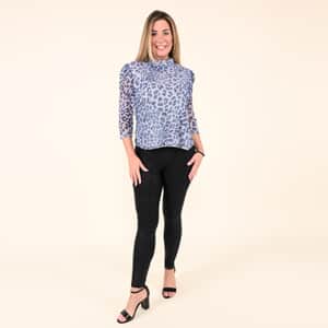 Tamsy Blue Leopard Sheer Shell Turtleneck Blouse - L