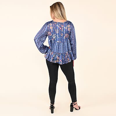 Tamsy Navy Floral Paisley Babydoll Long Sleeve Blouse for Women - S