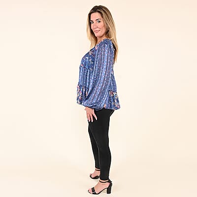 Tamsy Navy Floral Paisley Babydoll Long Sleeve Blouse for Women - S