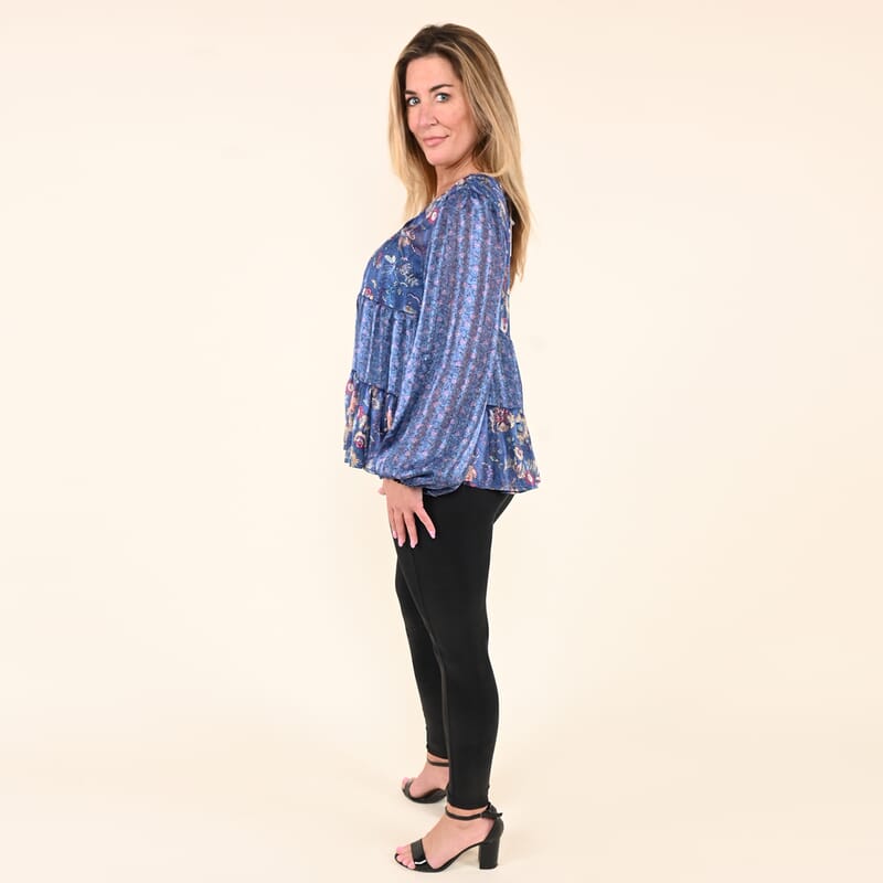 Tamsy Navy Floral Paisley Babydoll Long Sleeve Blouse for Women - S