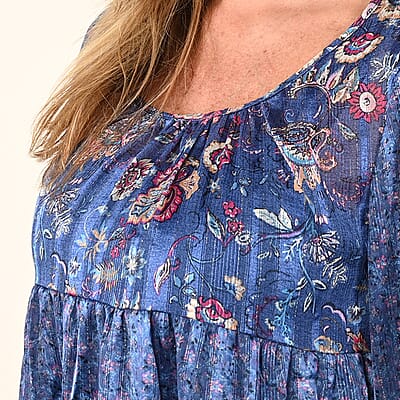 Tamsy Navy Floral Paisley Babydoll Long Sleeve Blouse for Women - S