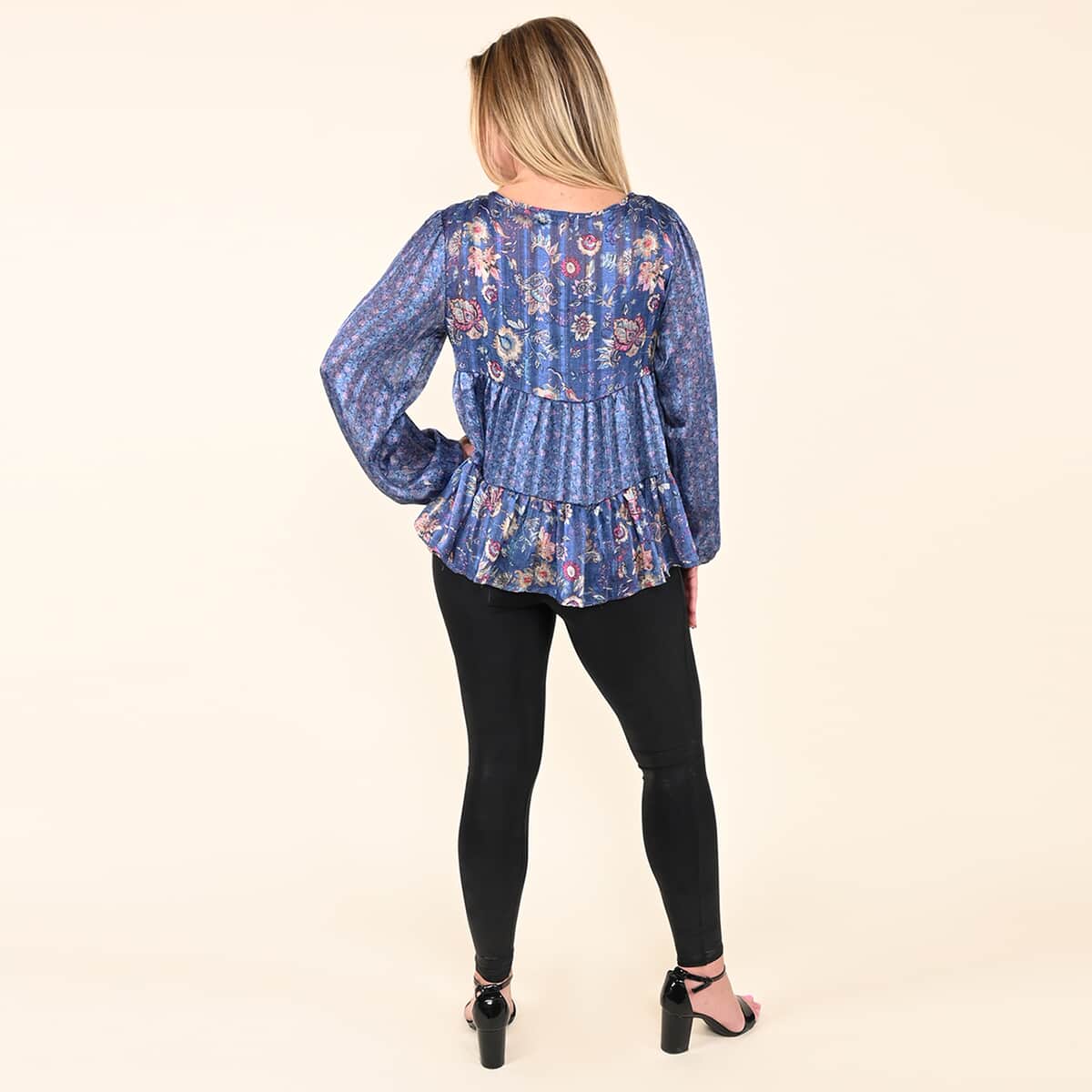 Tamsy Navy Floral Paisley Babydoll Long Sleeve Blouse for Women - L image number 1