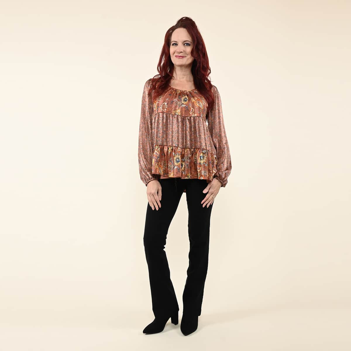 Tamsy Rust Floral Paisley Babydoll Long Sleeve Blouse for Women - S image number 0