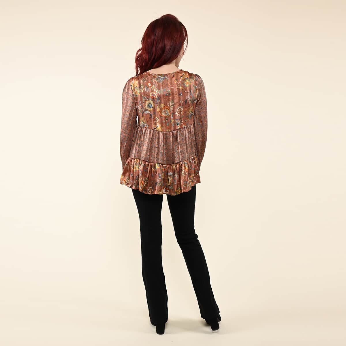 Tamsy Rust Floral Paisley Babydoll Long Sleeve Blouse for Women - S image number 1