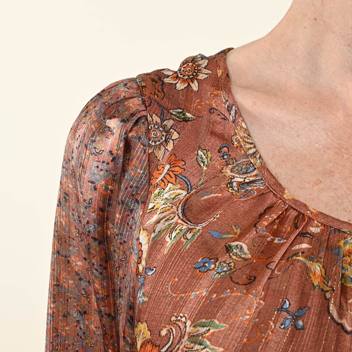 Tamsy Rust Floral Paisley Babydoll Long Sleeve Blouse for Women - S image number 3