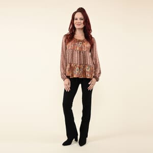 Tamsy Rust Floral Paisley Babydoll Long Sleeve Blouse for Women - L
