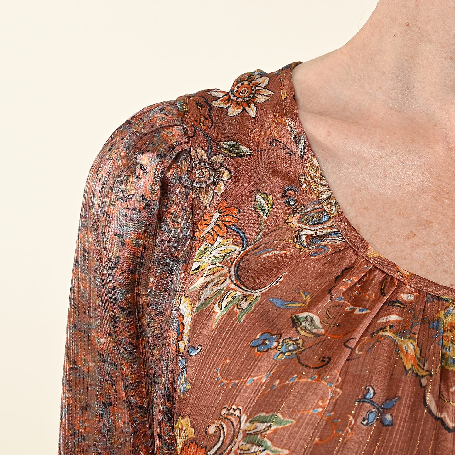 TAMSY Rust Flower Paisley Babydoll Long Sleeve Breathable Quick Drying Blouse-L - Picture 4 of 6