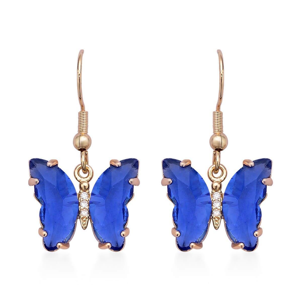 Simulated Blue Sapphire and Simulated Diamond Butterfly Earrings in Goldtone 0.10 ctw image number 0