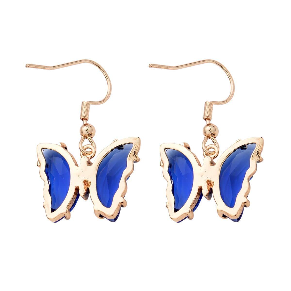 Simulated Blue Sapphire and Simulated Diamond Butterfly Earrings in Goldtone 0.10 ctw image number 3