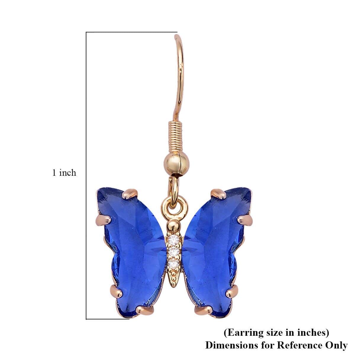 Simulated Blue Sapphire and Simulated Diamond Butterfly Earrings in Goldtone 0.10 ctw image number 4