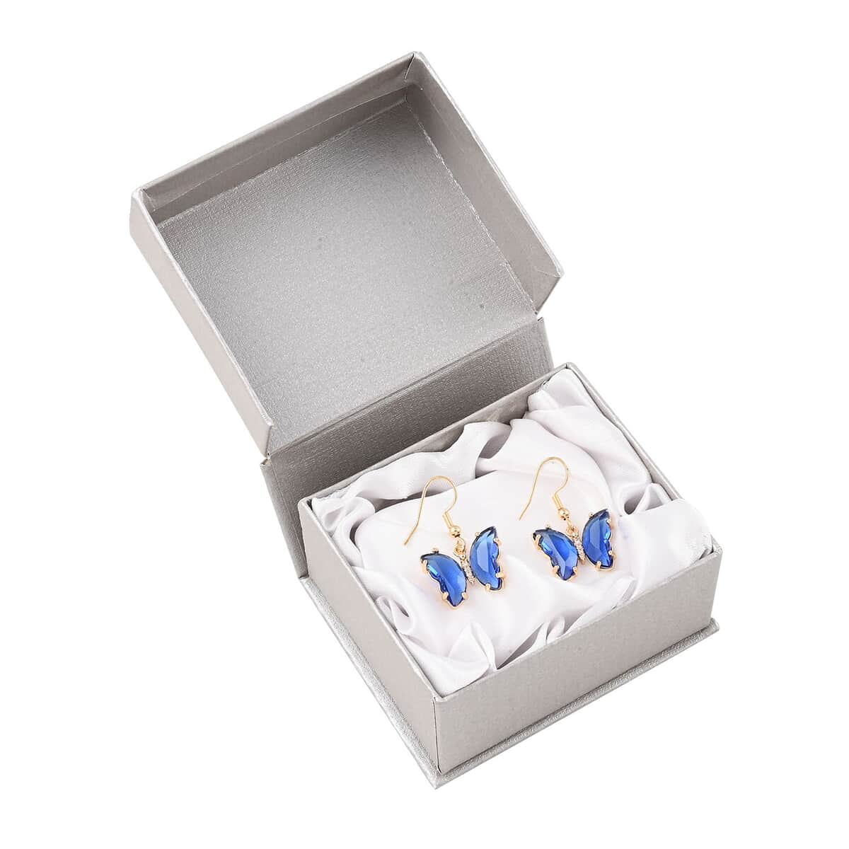 Simulated Blue Sapphire and Simulated Diamond Butterfly Earrings in Goldtone 0.10 ctw image number 5