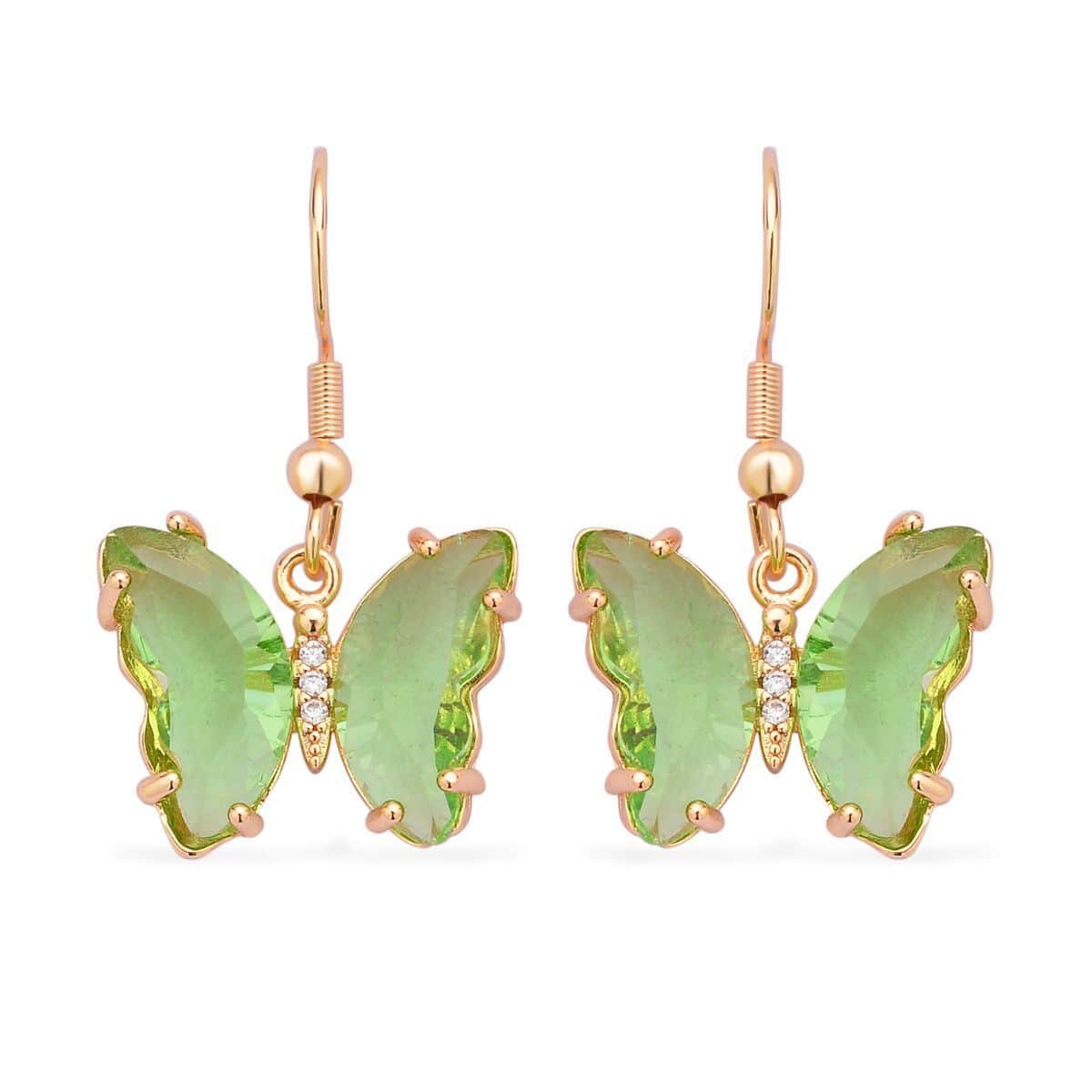 Simulated Light Green Sapphire and Simulated Diamond Butterfly Earrings in Goldtone 0.10 ctw image number 0