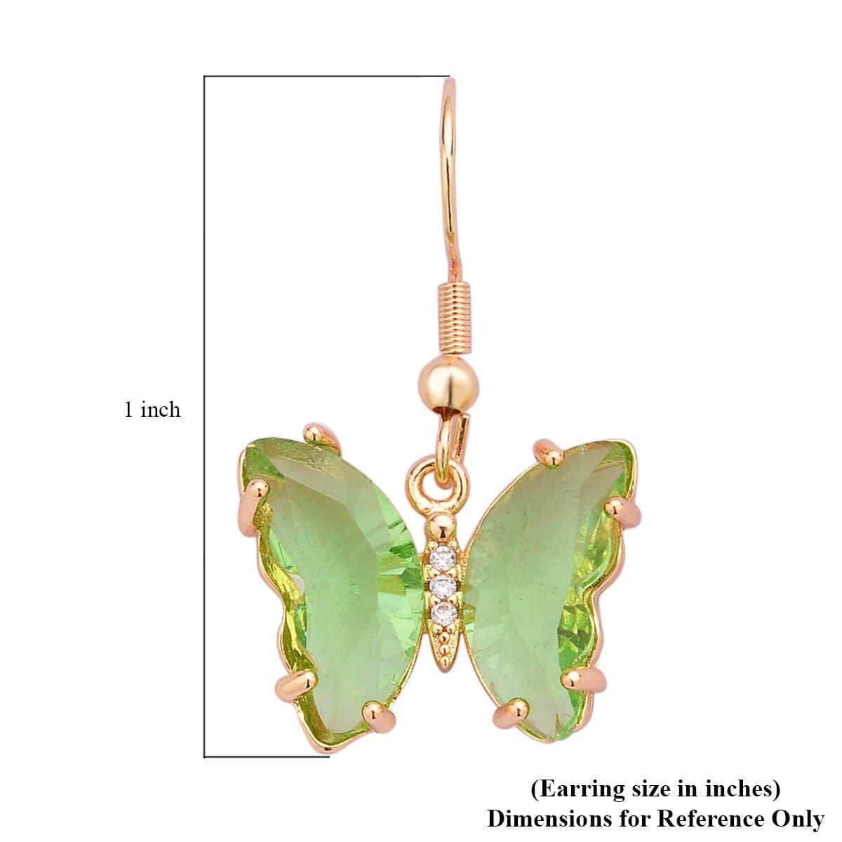 Simulated Light Green Sapphire and Simulated Diamond Butterfly Earrings in Goldtone 0.10 ctw image number 4