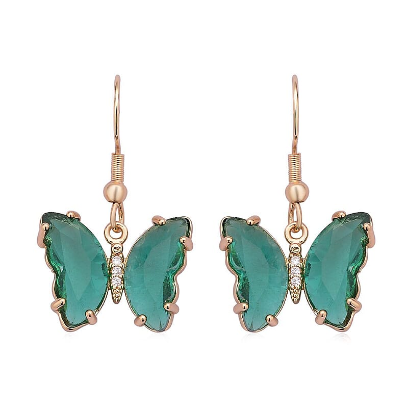 Simulated Dark Green Sapphire and Simulated Diamond Butterfly Earrings in Goldtone