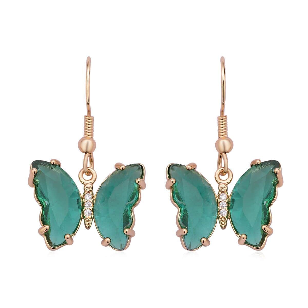 Simulated Dark Green Sapphire and Simulated Diamond Butterfly Earrings in Goldtone 0.10 ctw image number 0