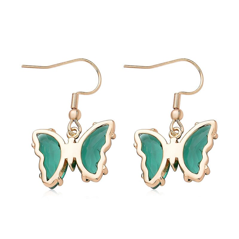 Simulated Dark Green Sapphire and Simulated Diamond Butterfly Earrings in Goldtone