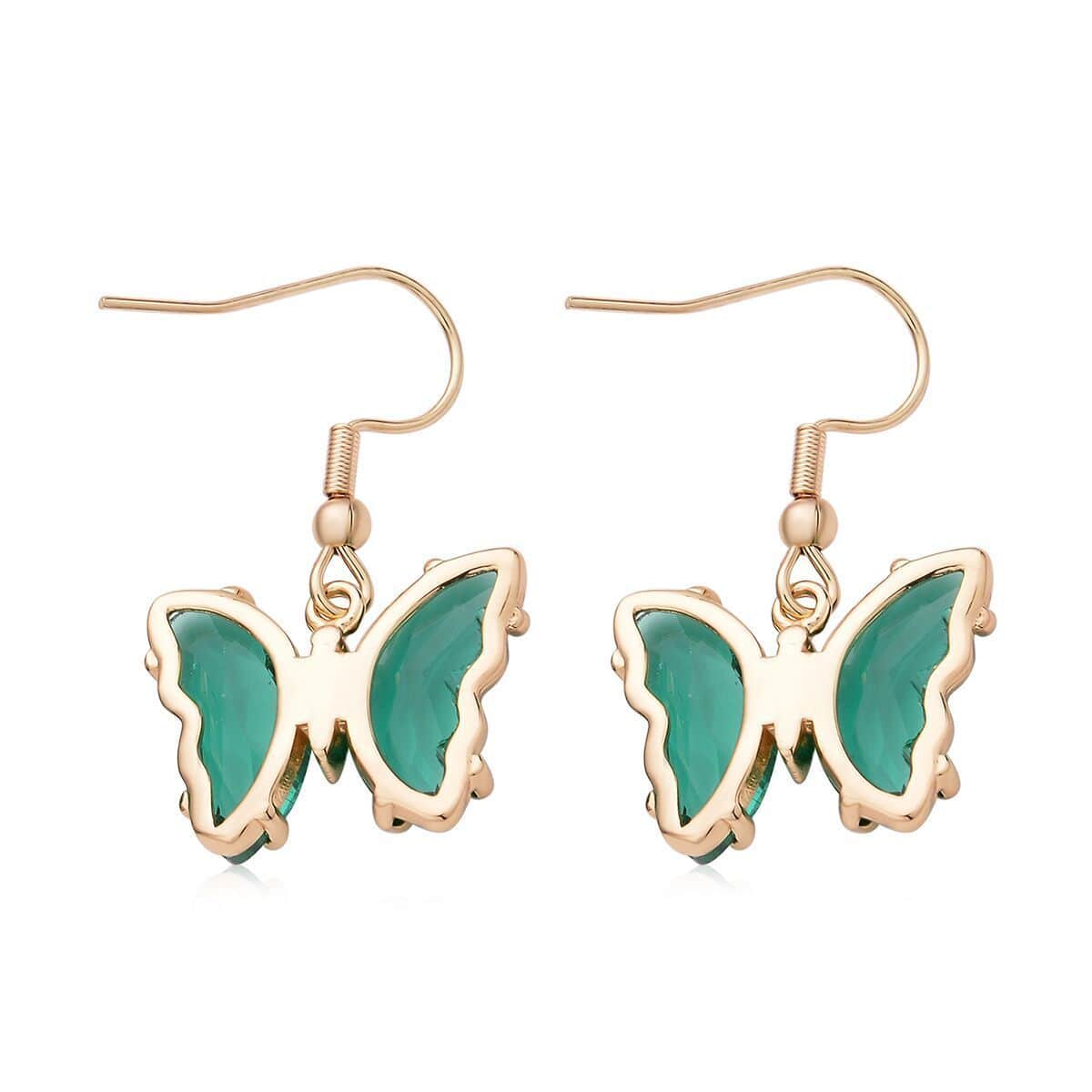 Simulated Dark Green Sapphire and Simulated Diamond Butterfly Earrings in Goldtone 0.10 ctw image number 3