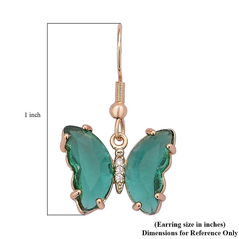 Simulated Dark Green Sapphire and Simulated Diamond Butterfly Earrings in Goldtone
