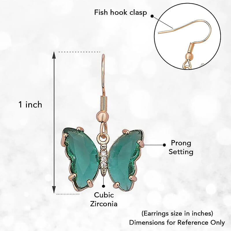 Simulated Dark Green Sapphire and Simulated Diamond Butterfly Earrings in Goldtone
