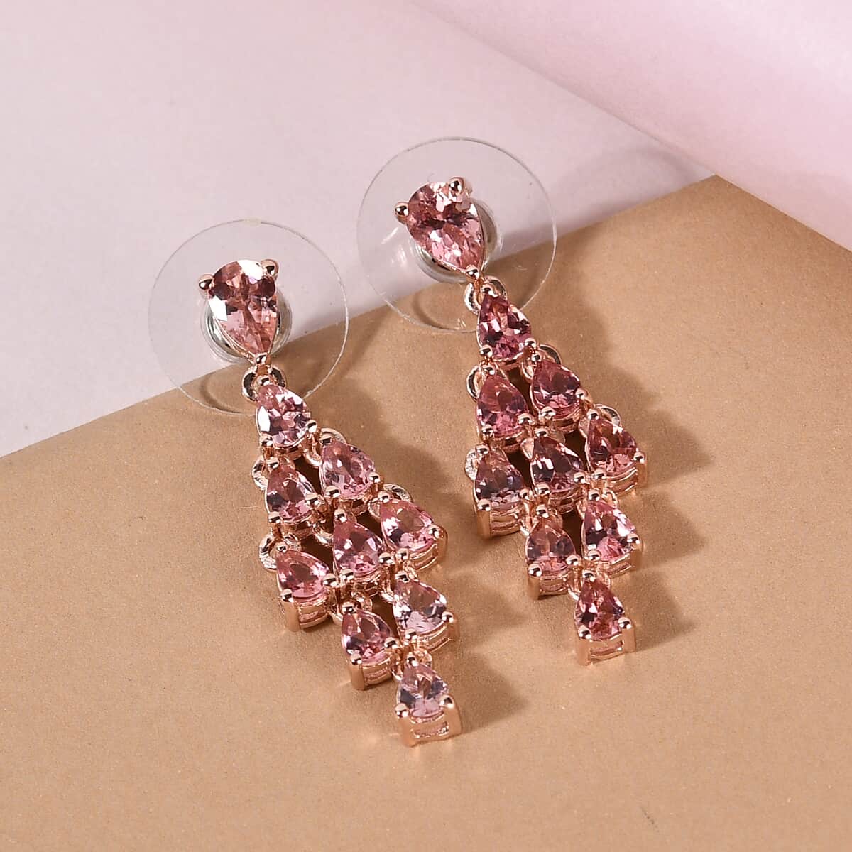 Padparadscha Tourmaline Dangle Earrings in Vermeil Rose Gold Over Sterling Silver 3.30 ctw image number 1
