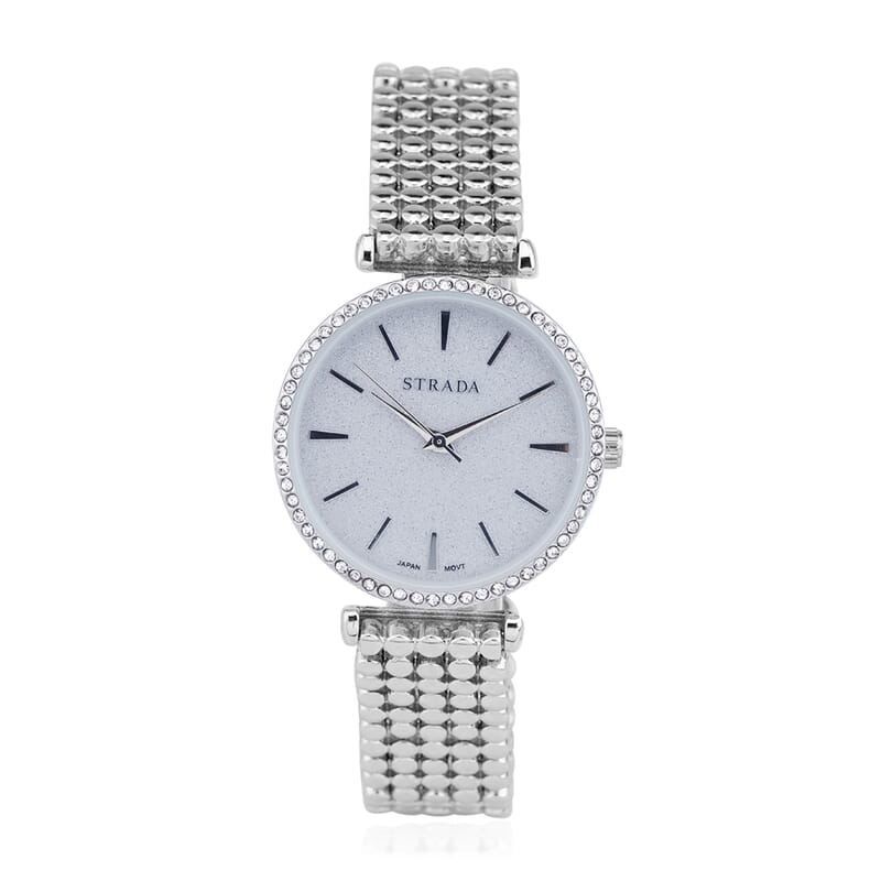 Strada White Austrian Crystal Japanese Movement Watch in Silvertone with Beaded Textured Strap