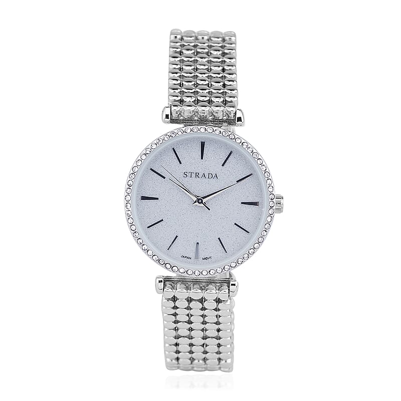 Strada White Austrian Crystal Japanese Movement Watch in Silvertone with Beaded Textured Strap