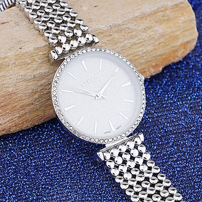Strada White Austrian Crystal Japanese Movement Watch in Silvertone with Beaded Textured Strap